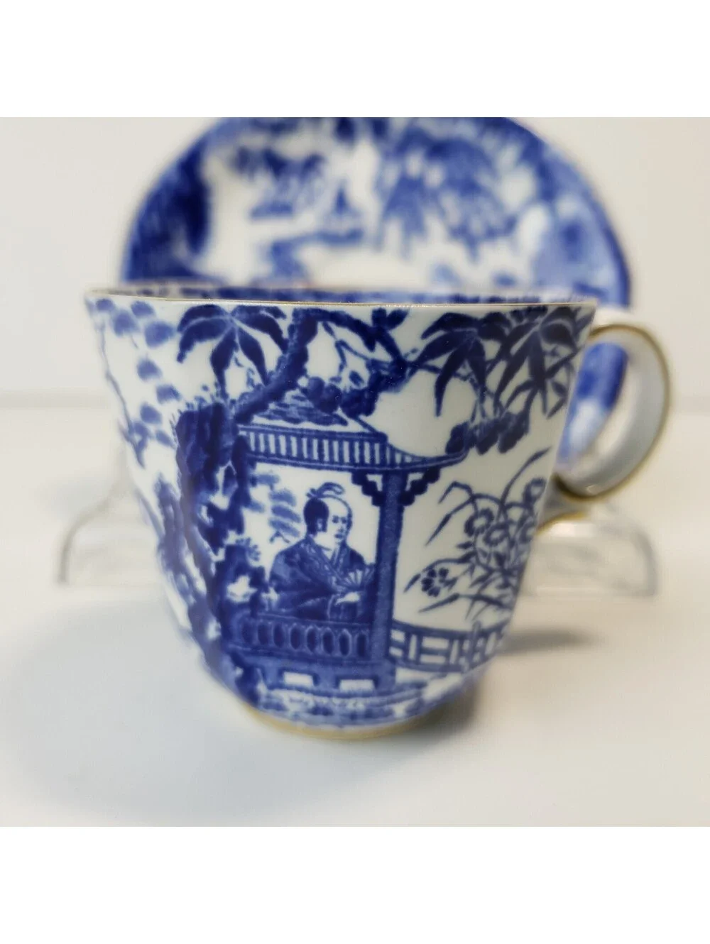 Vintage Royal Crown Derby Blue Mikado Demitasse Teacup & Saucer Set Chinoiserie